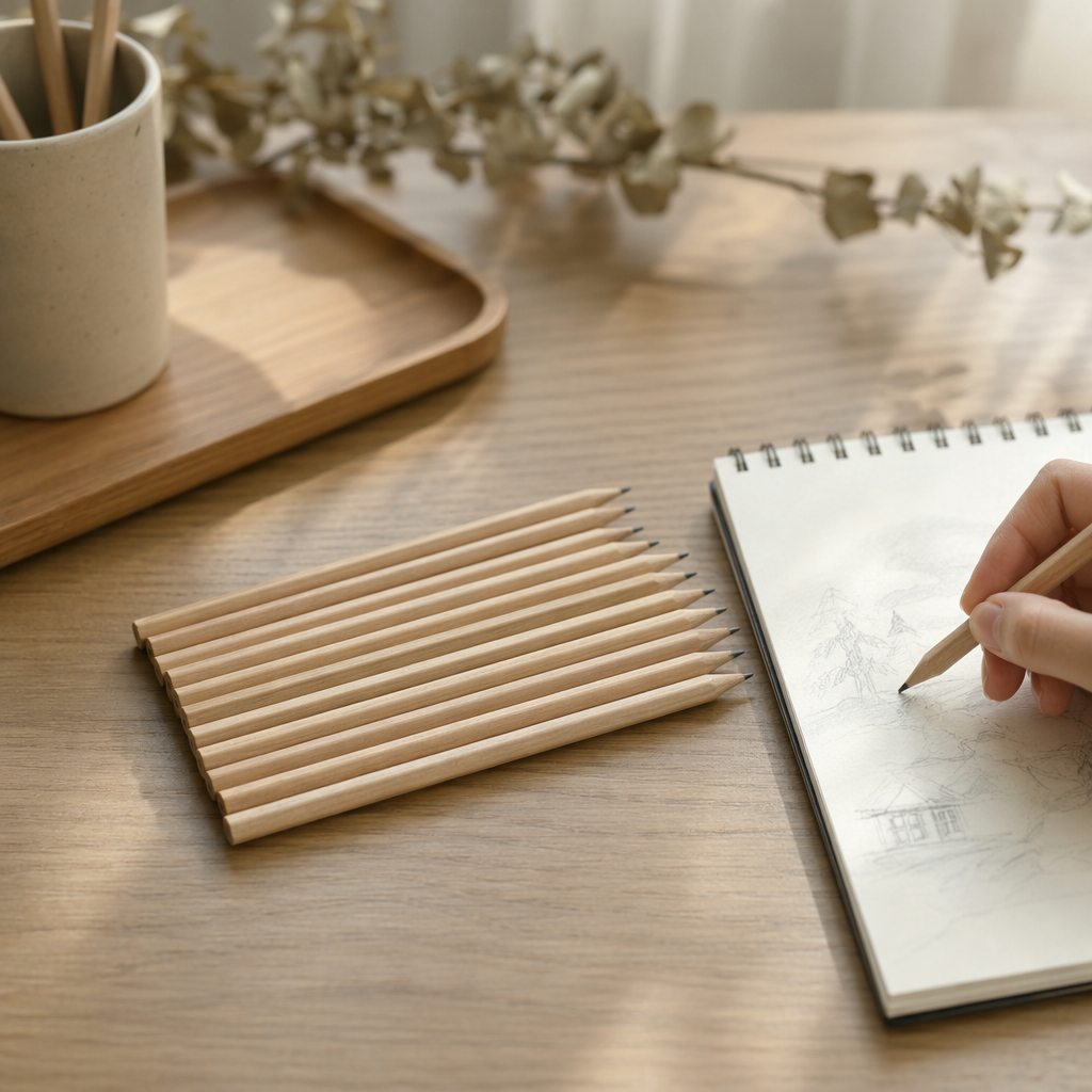 Light-colored wooden pencils, natural wood sketching, drawing and writing stationery details Picture