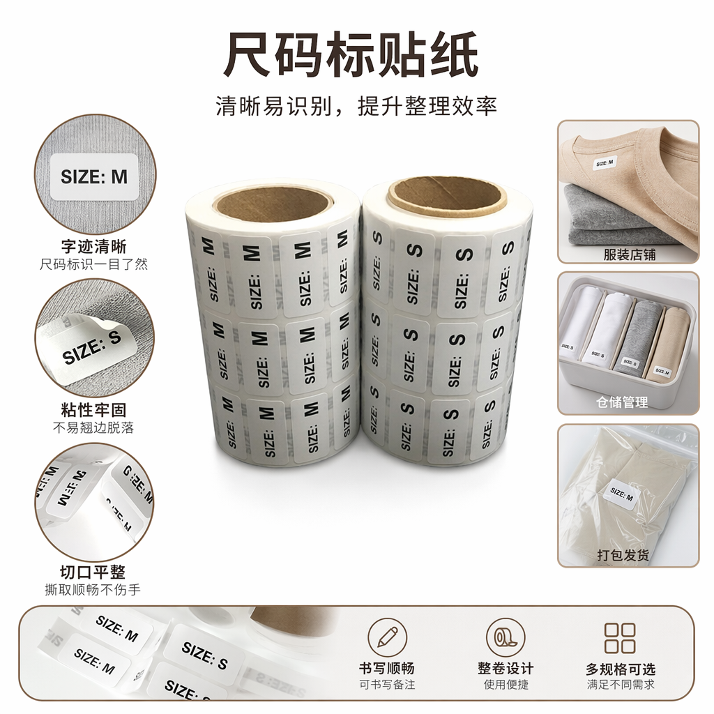 白色卷状标签贴纸 左侧SIZE M右侧SIZE S 服装辅料