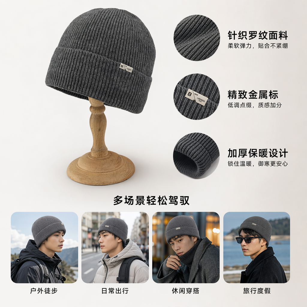 灰色针织帽 保暖毛线帽秋冬男女通用休闲百搭图