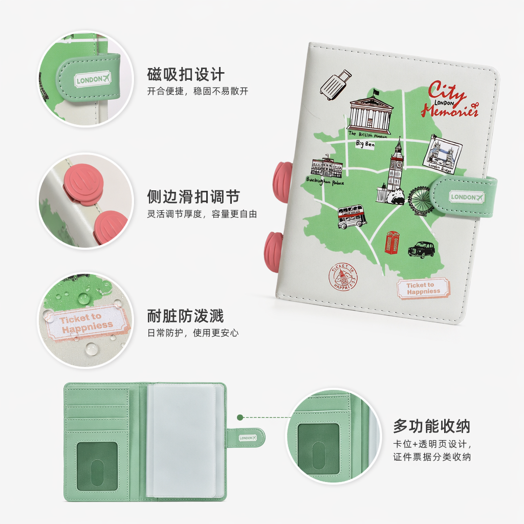 浅绿色伦敦主题旅行笔记本 封面城市地标插画 City London Memories
