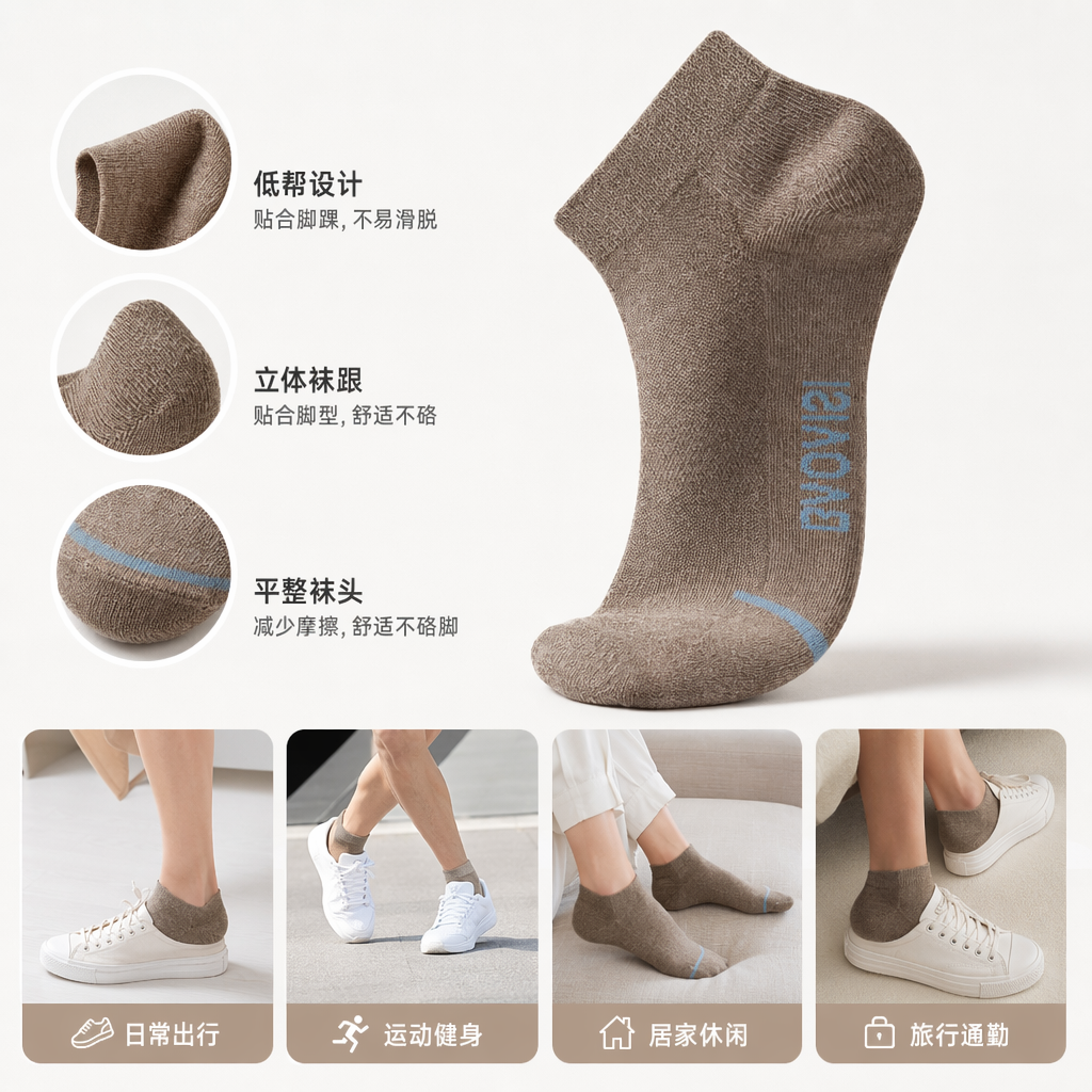 棕色纯棉短袜 男女同款吸汗透气运动休闲袜