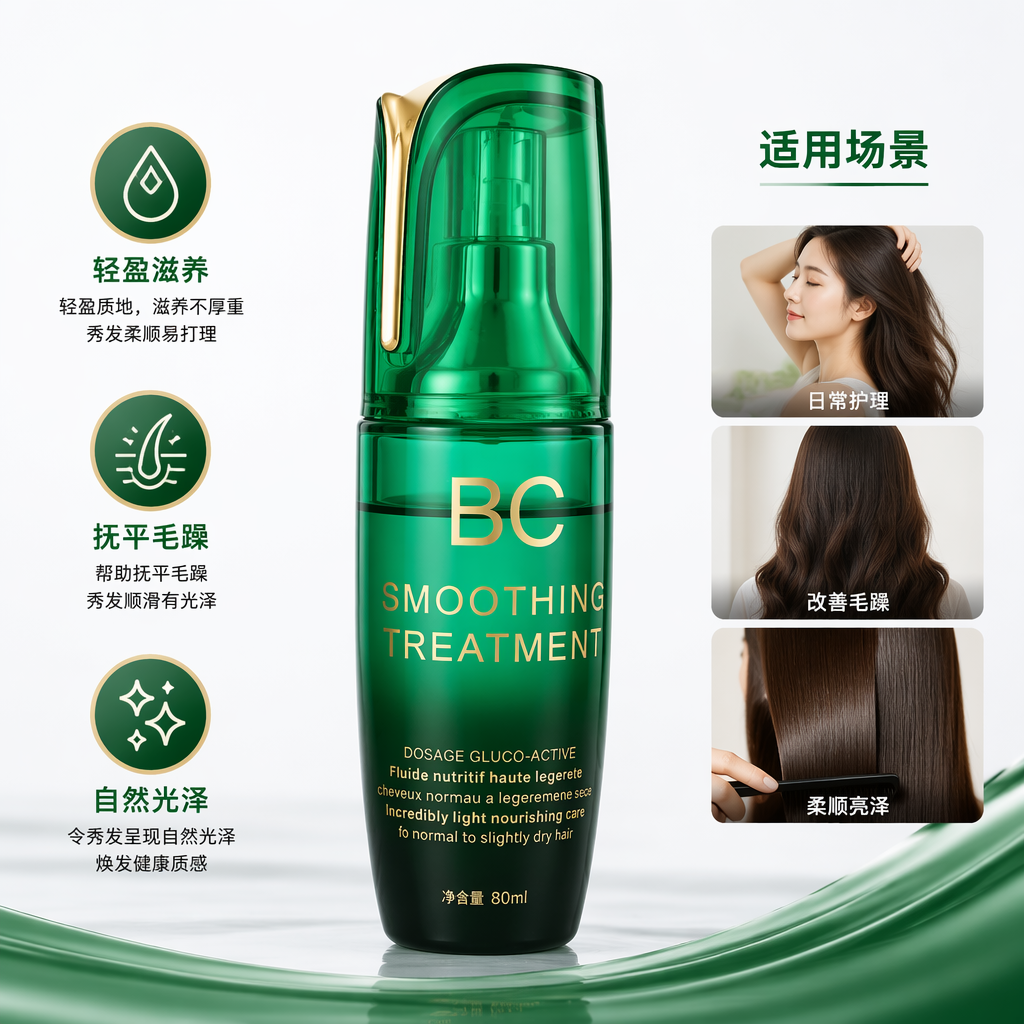 BC柔顺护理液绿色瓶身金色边框黑色包装盒