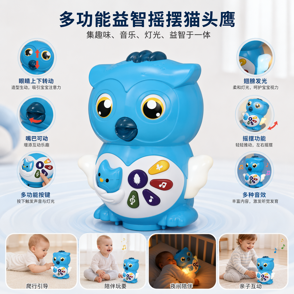 蓝色摇摆猫头鹰毛绒玩具可爱萌趣摆件儿童益智安抚玩偶
