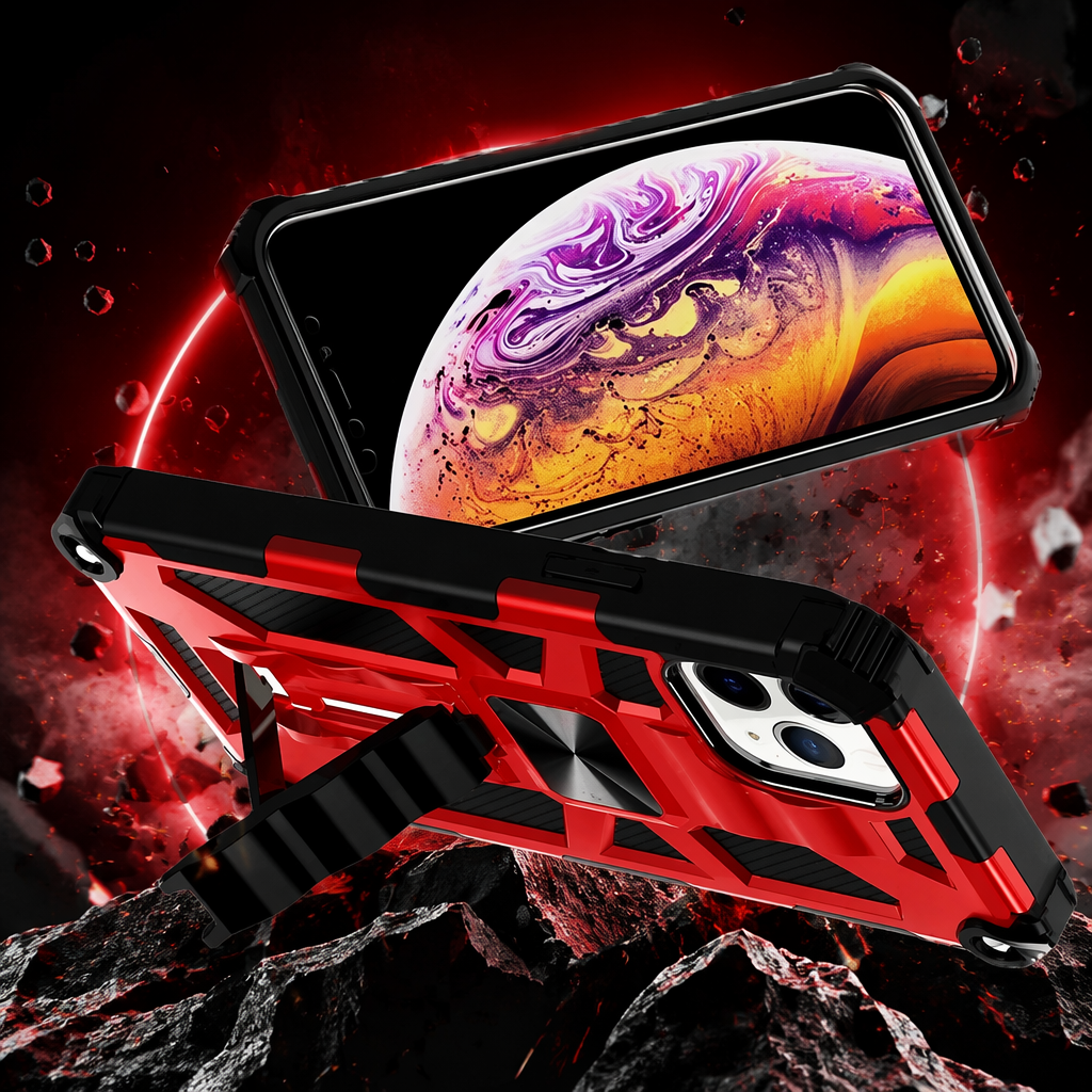 The red and black phone case with an invisible ring stand is compatible with Apple, Huawei and Xiaomi Specification image