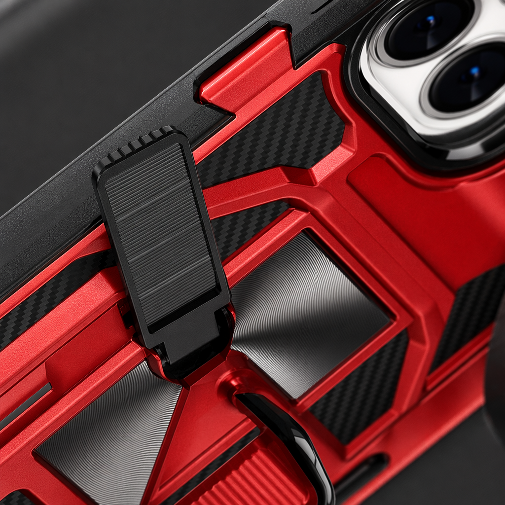 The red and black phone case with an invisible ring stand is compatible with Apple, Huawei and Xiaomi Application Scenario