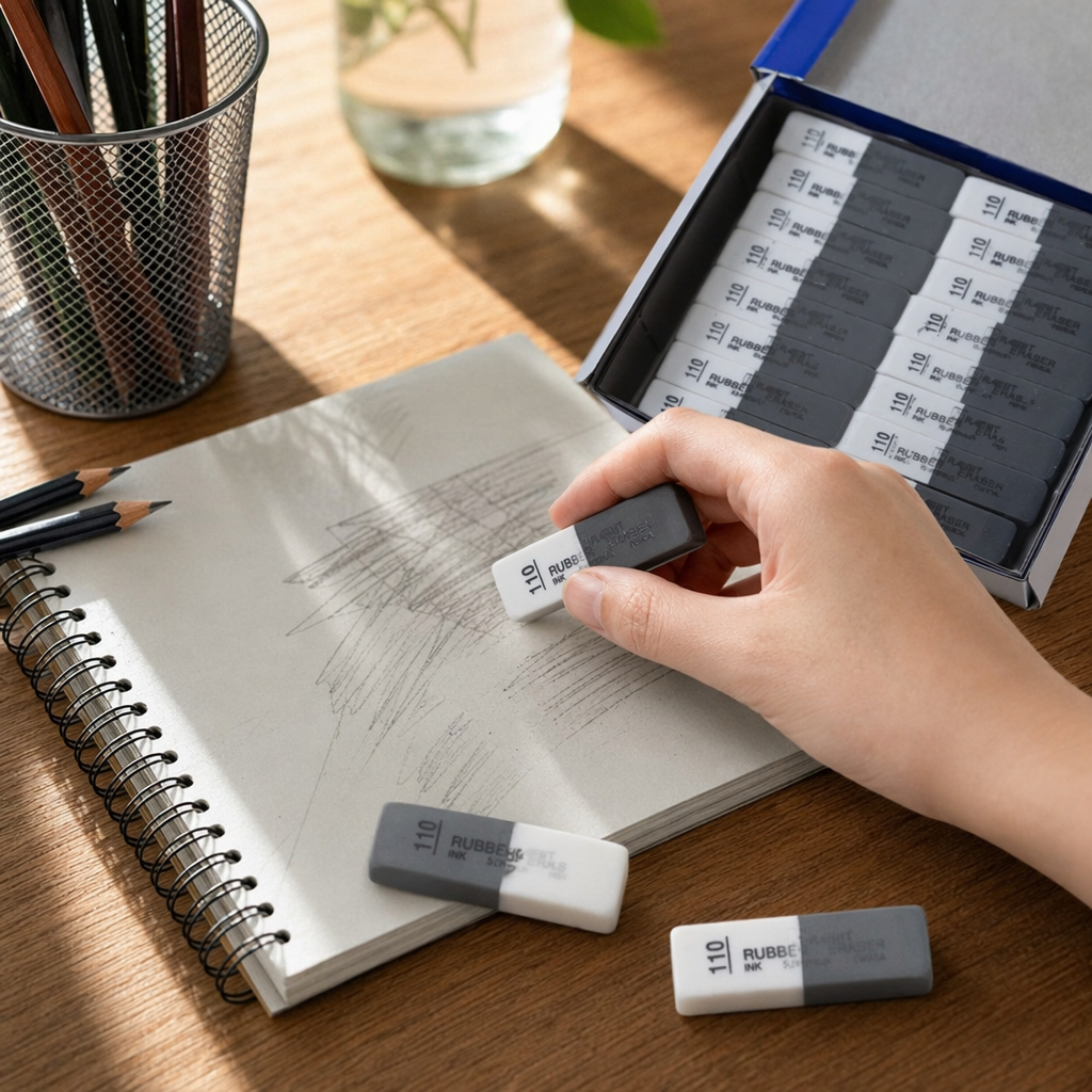 The grey eraser stacked design is a portable student stationery that ensures clean erasing without leaving any marks details Picture