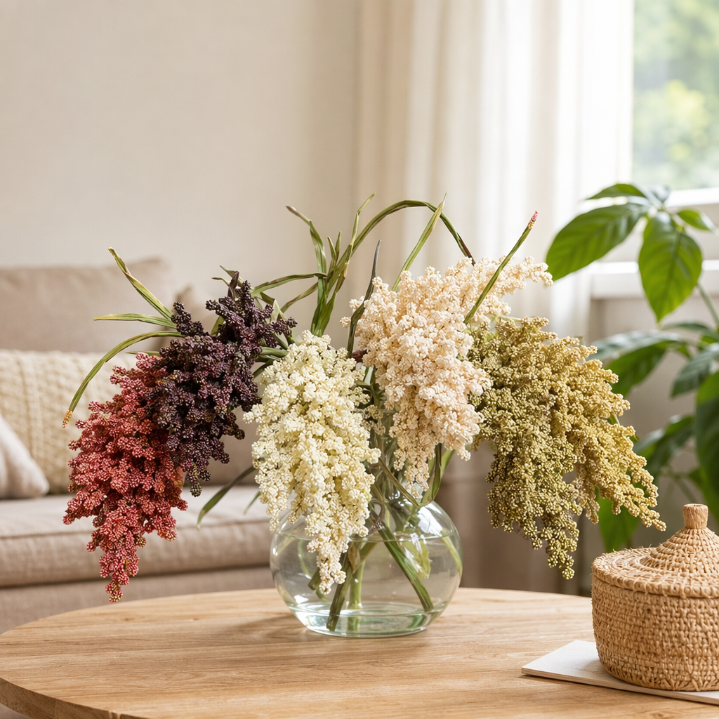 Colorful tassel-shaped flower bouquets and artificial flowers are decorative items for the living room and bedroom details Picture
