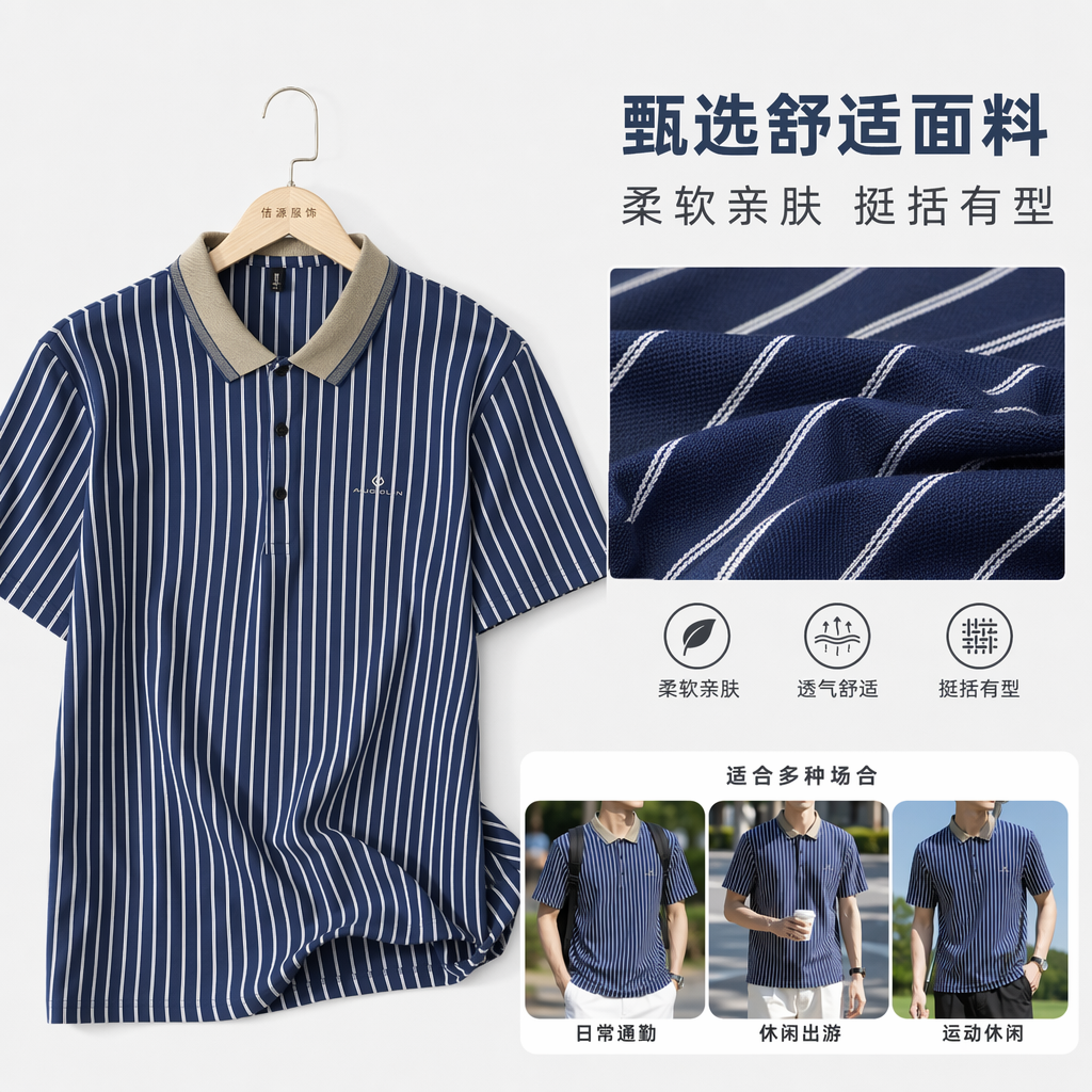 蓝白条纹短袖Polo衫男纯棉休闲商务百搭上衣