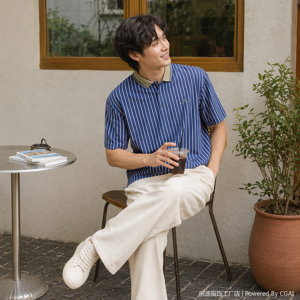 蓝白条纹短袖Polo衫男纯棉休闲商务百搭上衣详情2