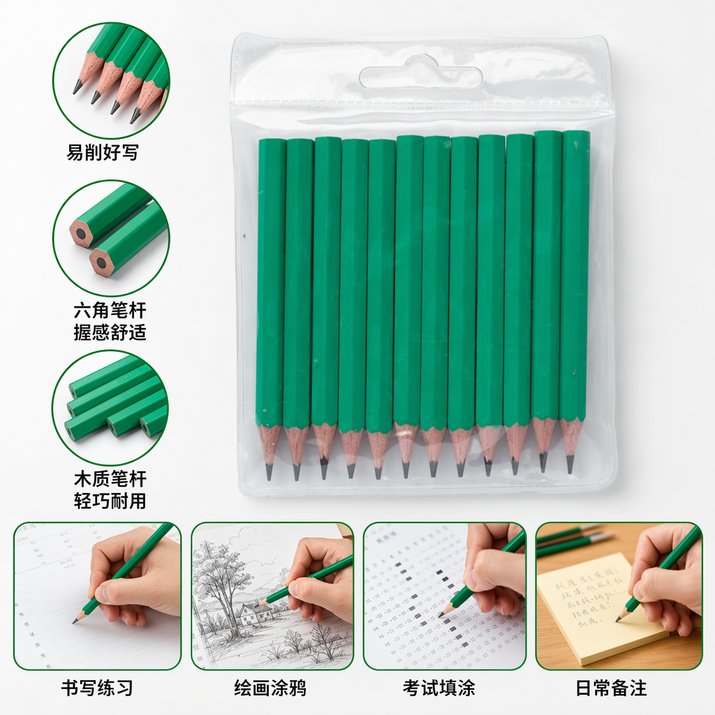 Green pencil 2B drawing and writing pencil, eco-friendly wooden lead core