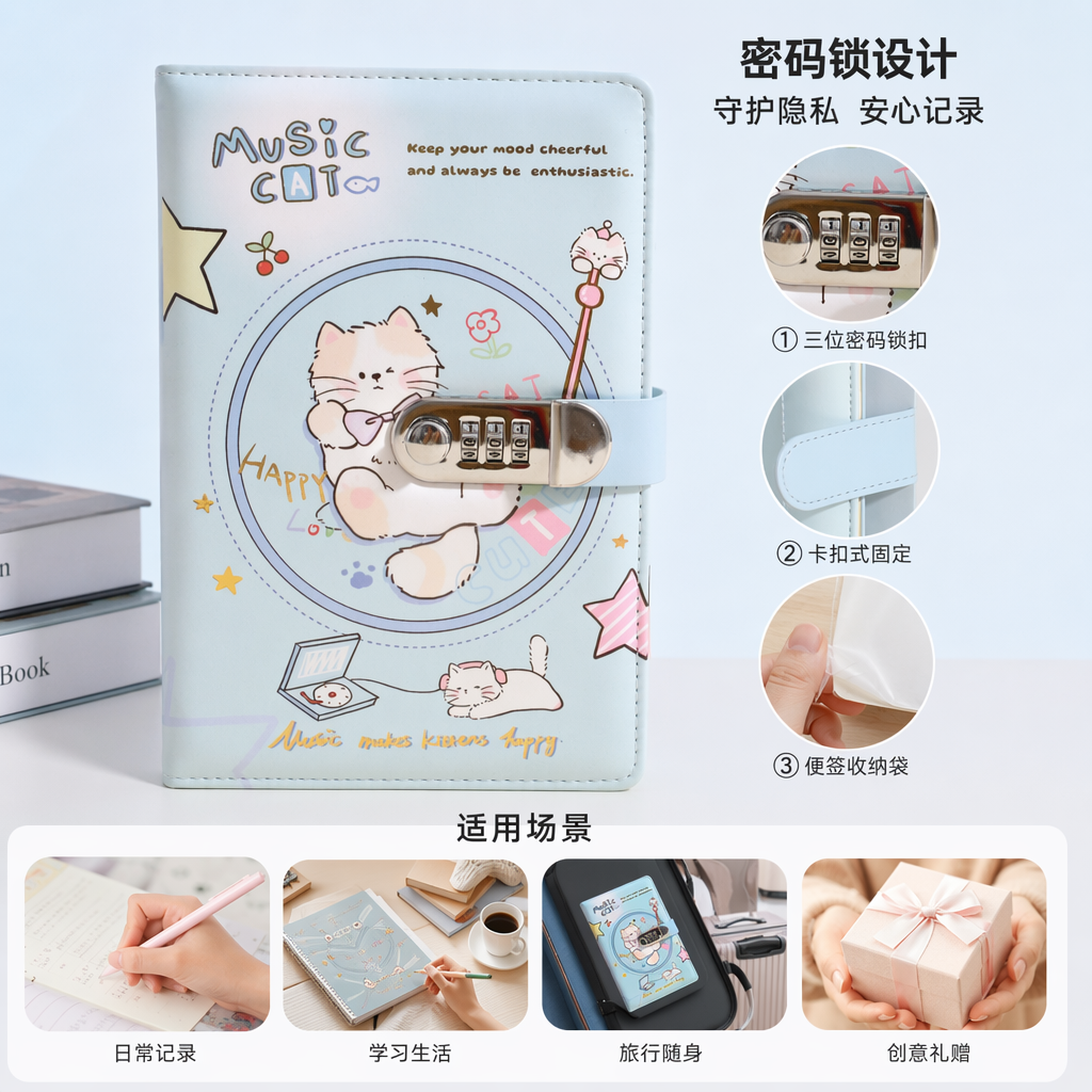 浅蓝色卡通猫咪图案密码本 学生日记本 便携式隐私笔记本图