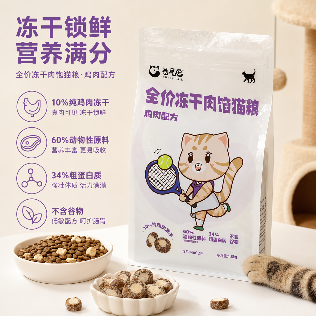 卷尾巴全价冻干肉馅猫粮无谷配方 1.5kg/袋 无谷成猫专用干粮