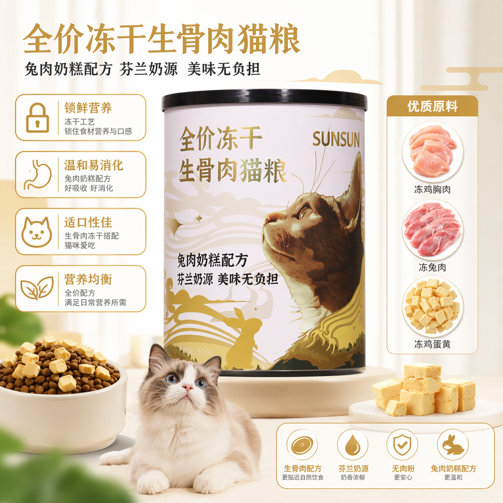 SC-62 森森宠物全价冻干生骨肉 猫粮500g桶装 兔肉奶糕