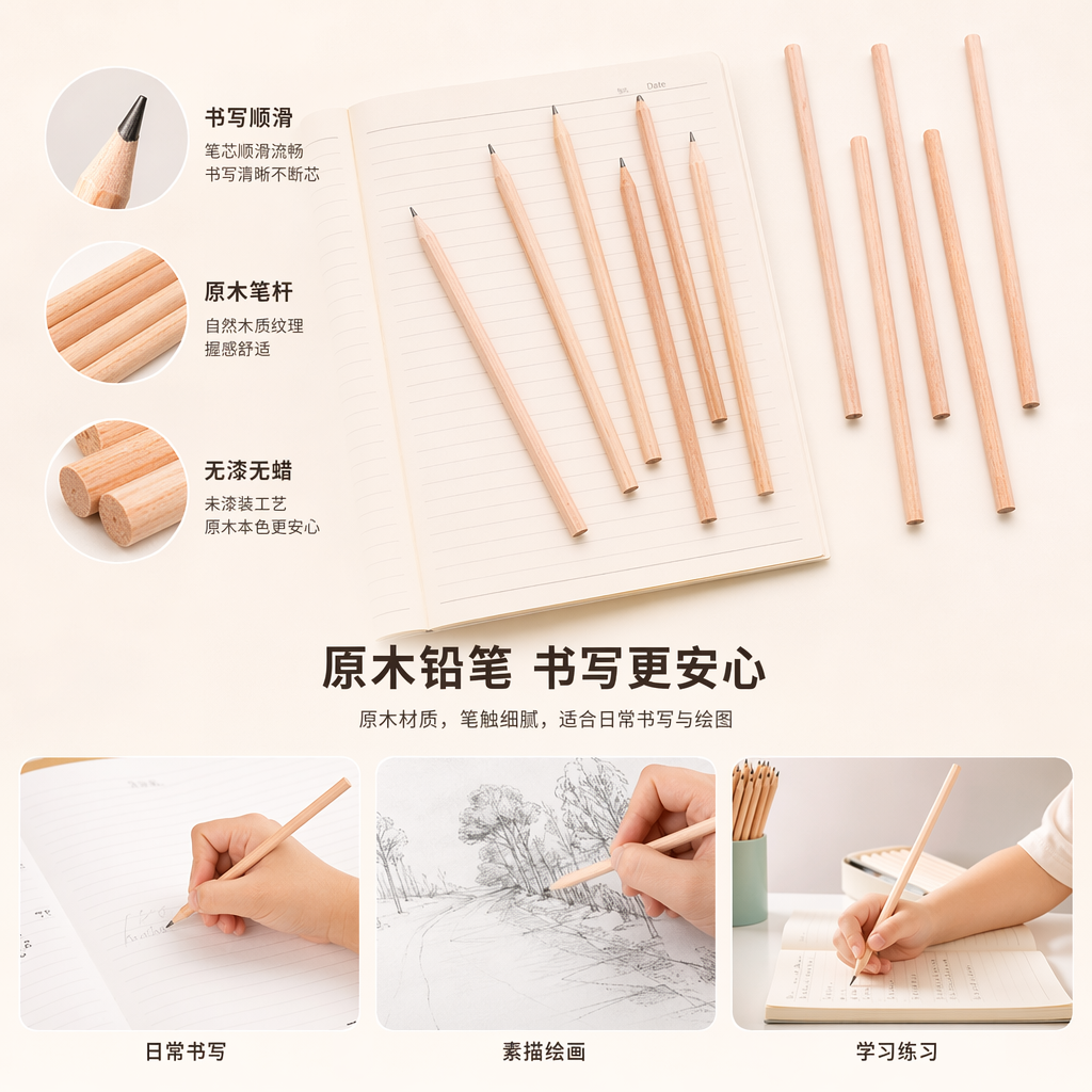浅木色铅笔套装配简约风笔记本 学生办公文具组合