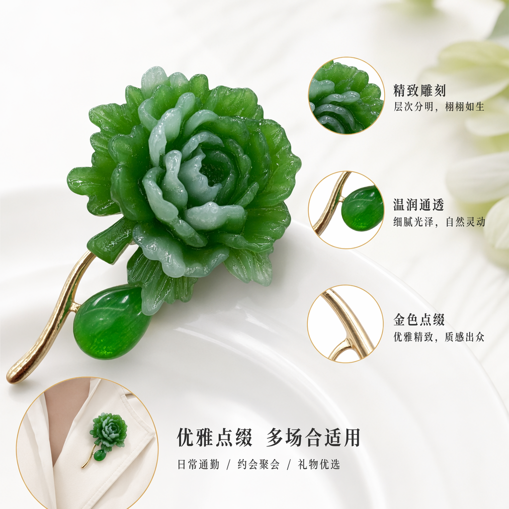 绿色仿玉雕牡丹胸针女士配饰