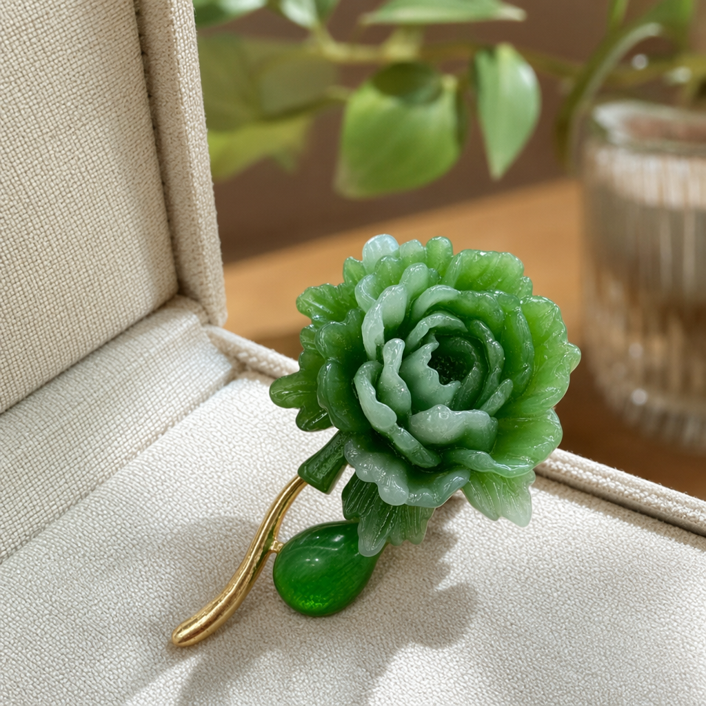 A green imitation jade carved peony brooch for women as an accessory details Picture
