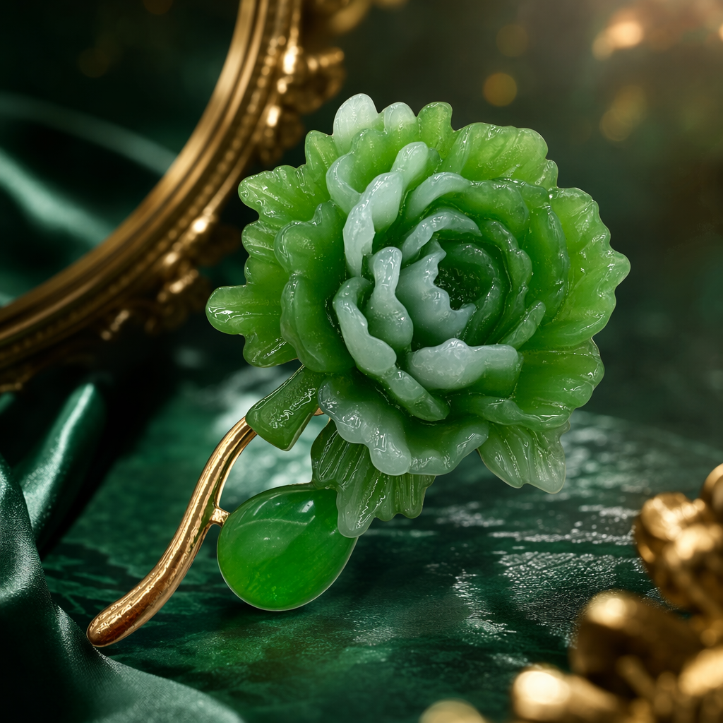 A green imitation jade carved peony brooch for women as an accessory Specification image