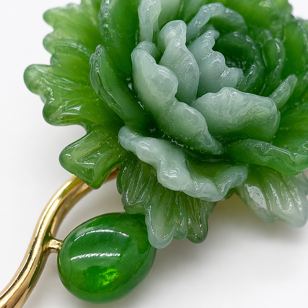 A green imitation jade carved peony brooch for women as an accessory Application Scenario