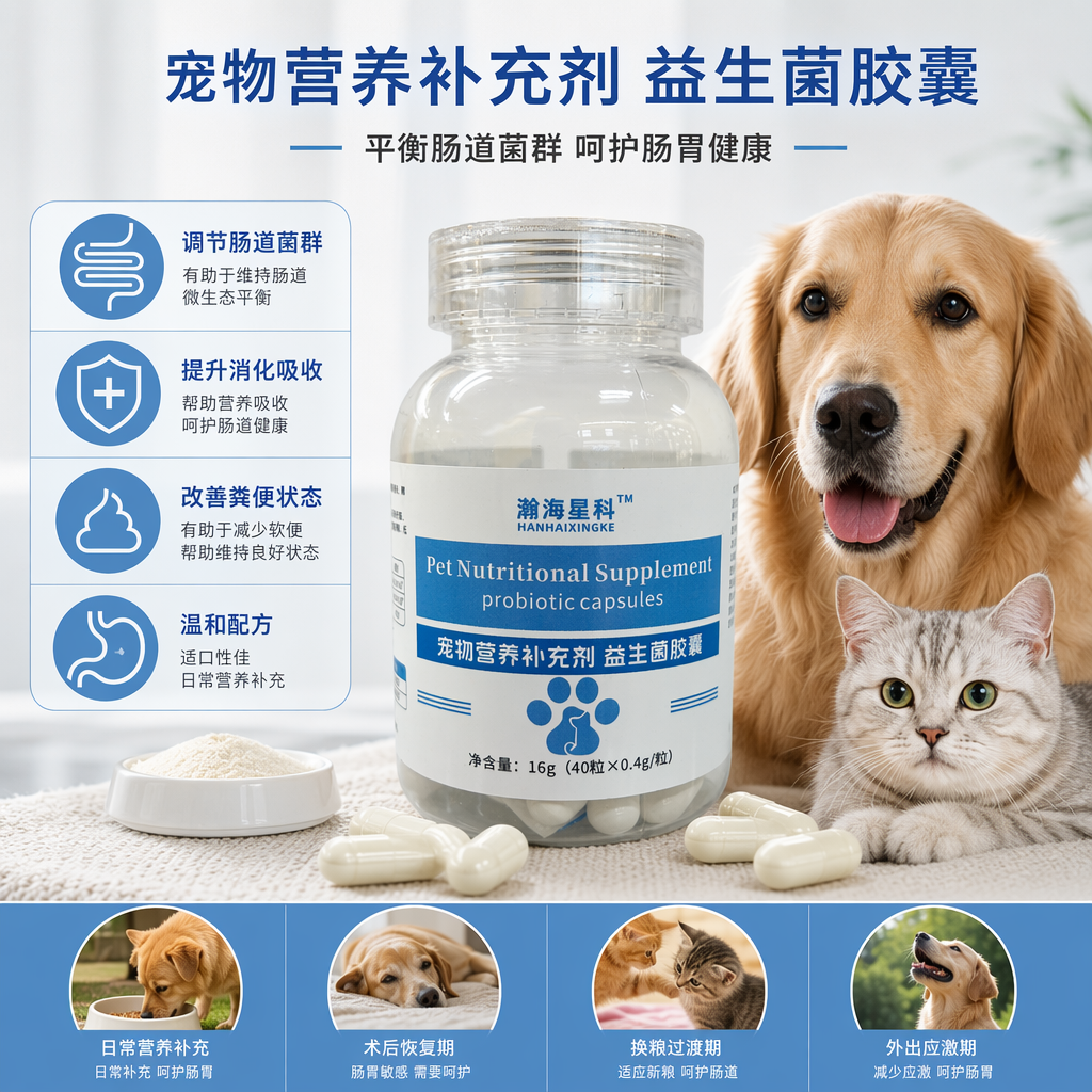 瀚海星科瓶装宠物益生菌营养补充剂胶囊 蓝白标签 白色胶囊
