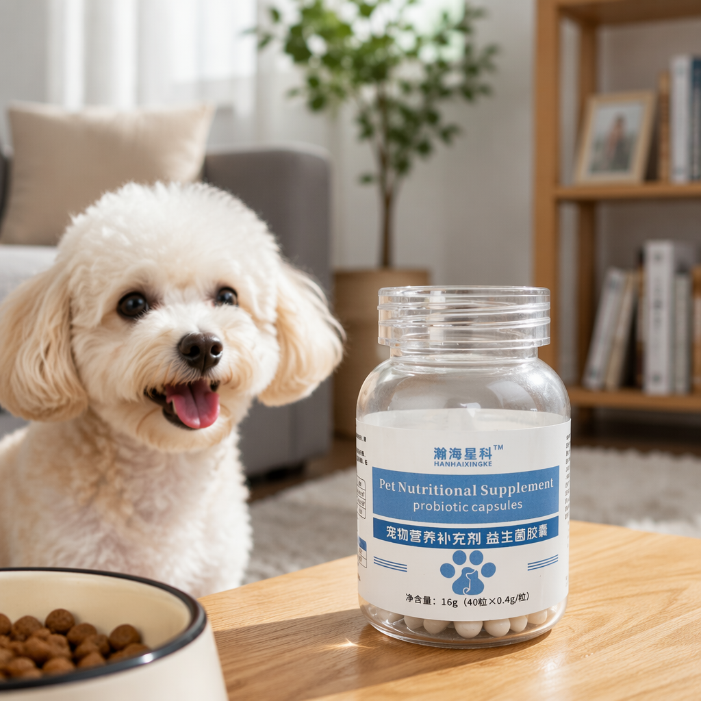Hanhai Xingke bottled Pet Probiotic Nutritional Supplement Capsules with blue and white labels, white capsules details Picture