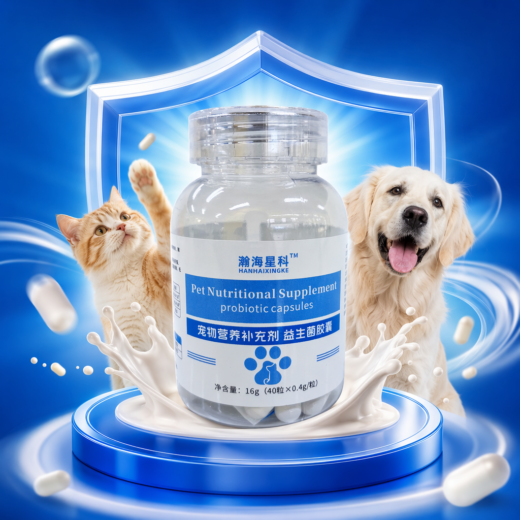 Hanhai Xingke bottled Pet Probiotic Nutritional Supplement Capsules with blue and white labels, white capsules Specification image