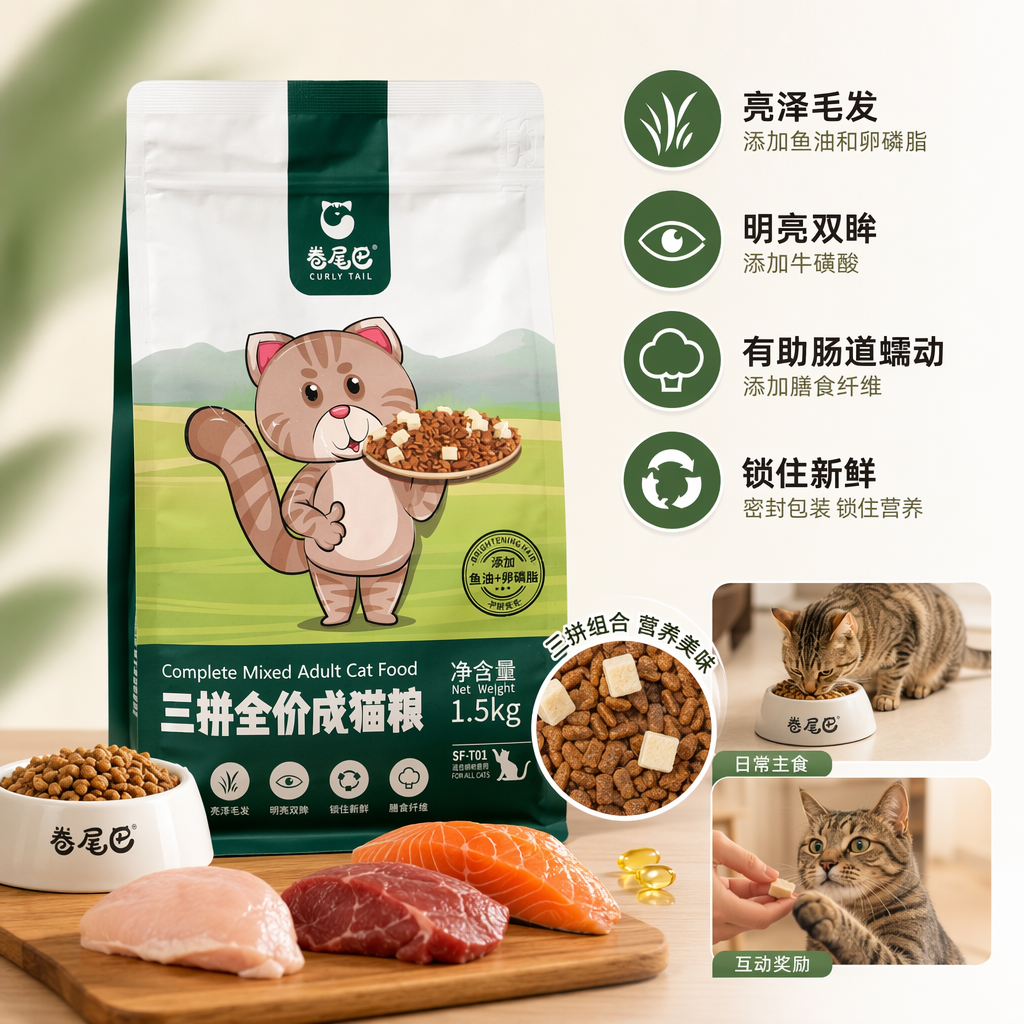 SF-T01 卷尾巴三拼全价成猫粮 1.5kg/袋
