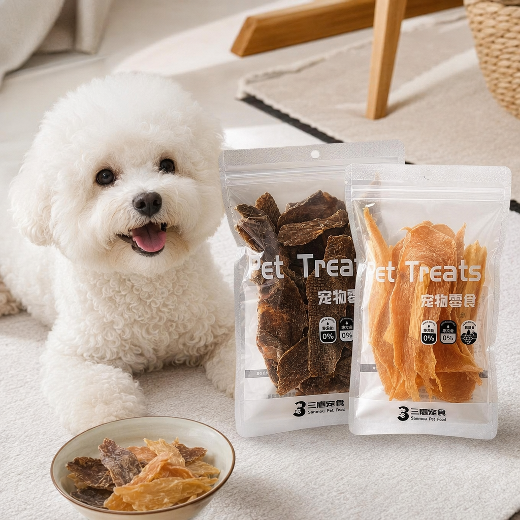Transparent packaging pet snacks: dark brown raw meat jerky, light brown crispy pure meat jerky details Picture
