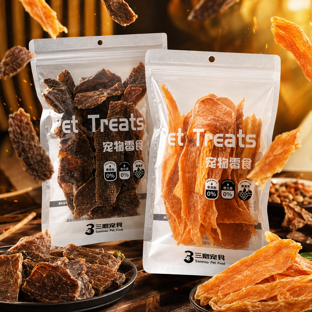 Transparent packaging pet snacks: dark brown raw meat jerky, light brown crispy pure meat jerky Specification image