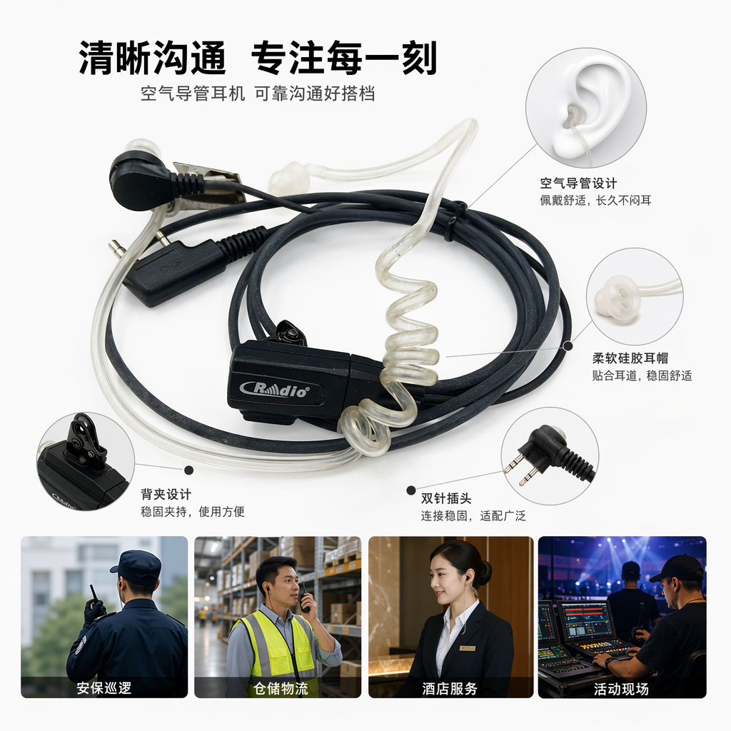 Radio螺旋空气导管k头耳挂对讲机耳机黑色耳麦带透明螺旋线和Radio标识