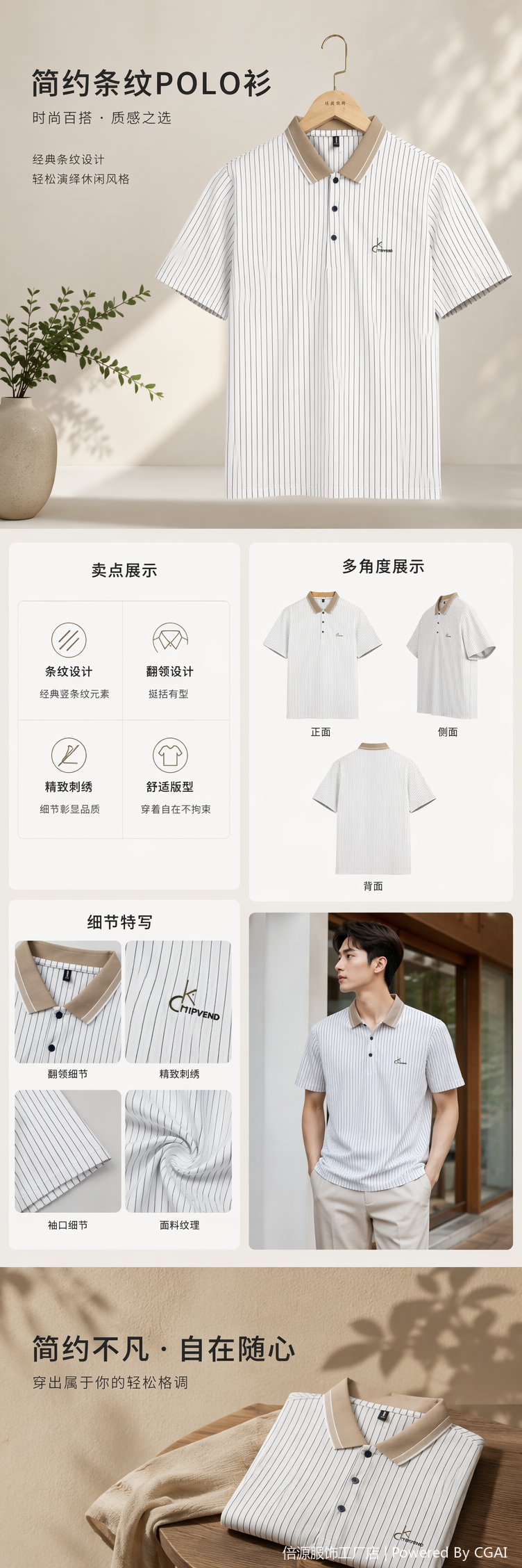 白底竖条纹Polo衫男纯棉短袖休闲上衣详情1