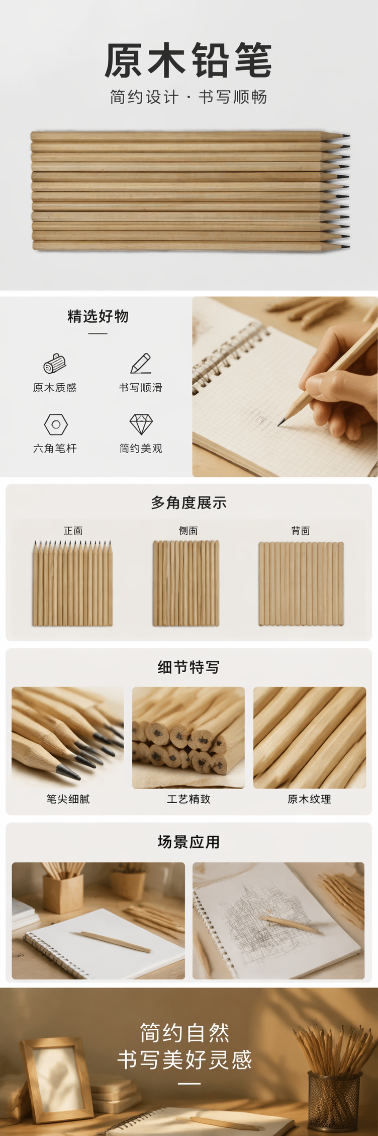 浅色木质铅笔天然原木素描绘图书写文具 pic 1