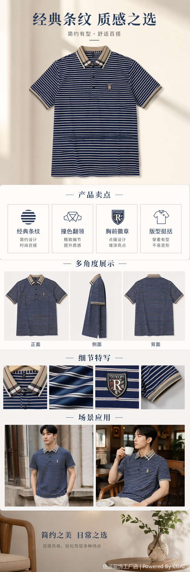 蓝白条纹Polo衫男夏季透气速干运动休闲T恤 pic 1
