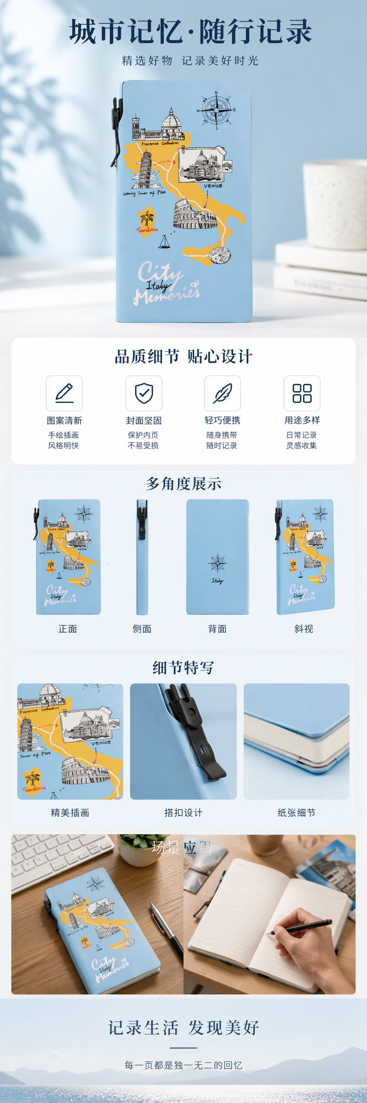 浅蓝色意大利城市地标插画旅行笔记本 City Italy Memories 白色键盘场景 pic 1