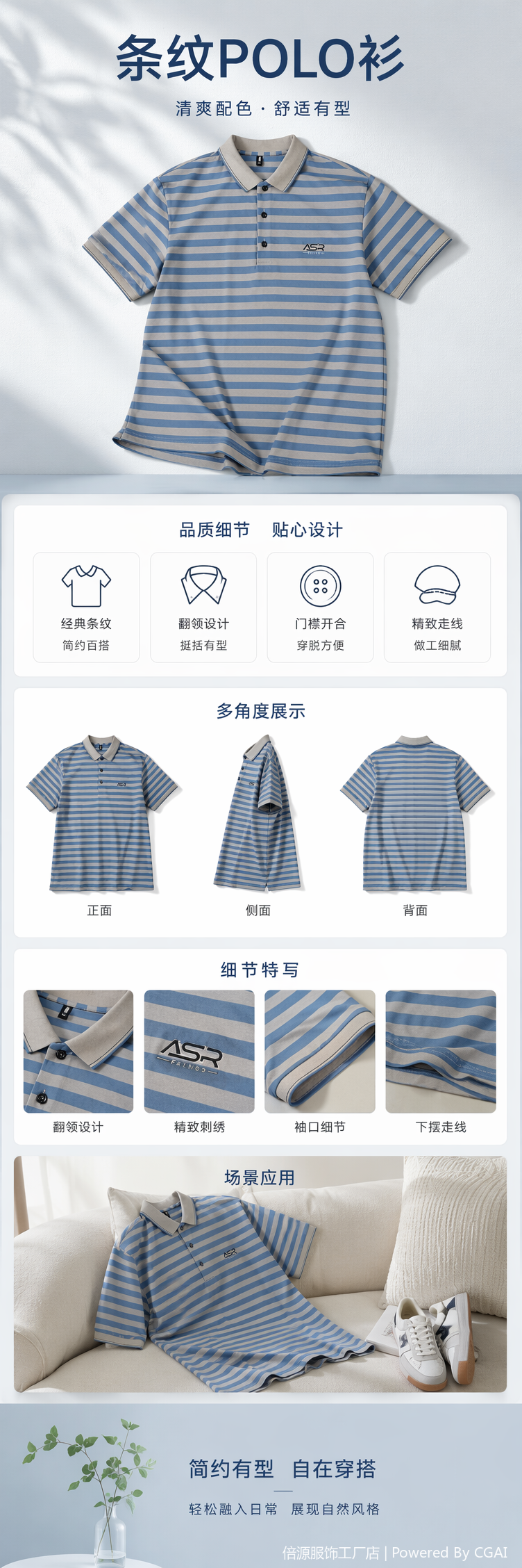 蓝灰条纹Polo衫男短袖纯棉休闲上衣详情1