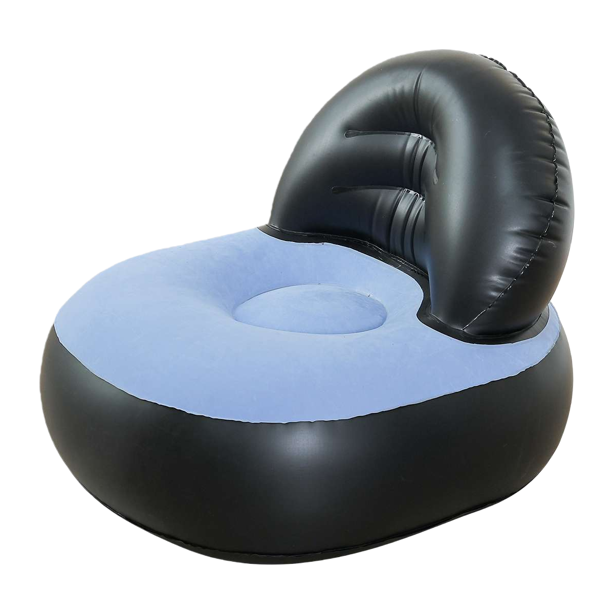 A black inflatable chair with a light blue cushion is a portable outdoor camping seat for home use Item Picture