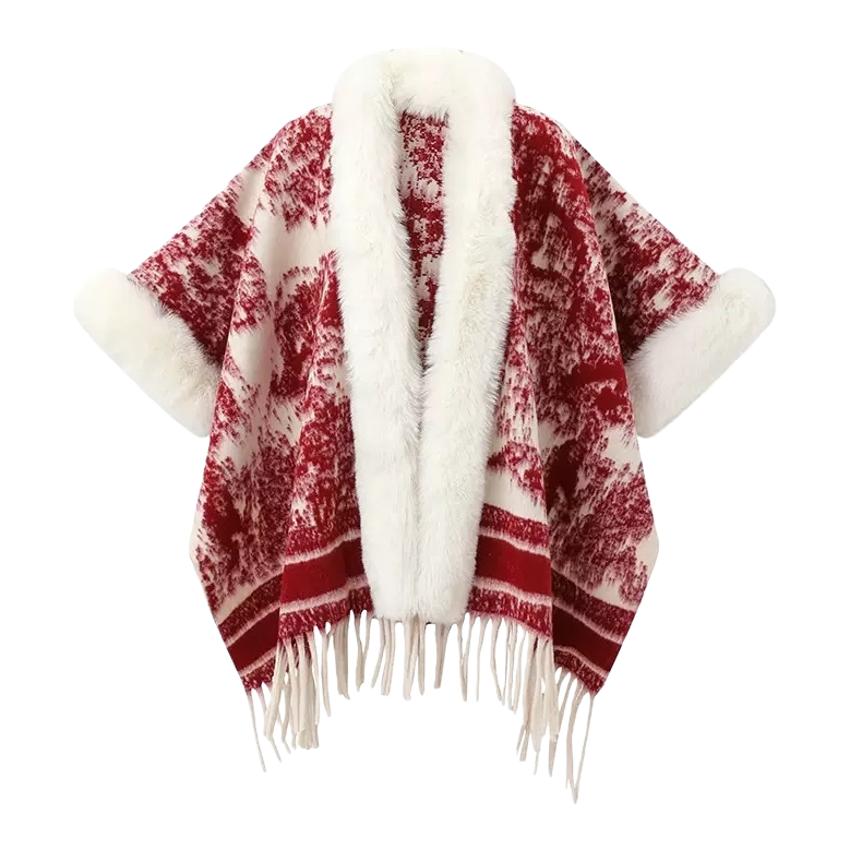 A red woolen shawl with a white plush collar and cuffs is fashionable and warm for women to wear in autumn and winter Item Picture
