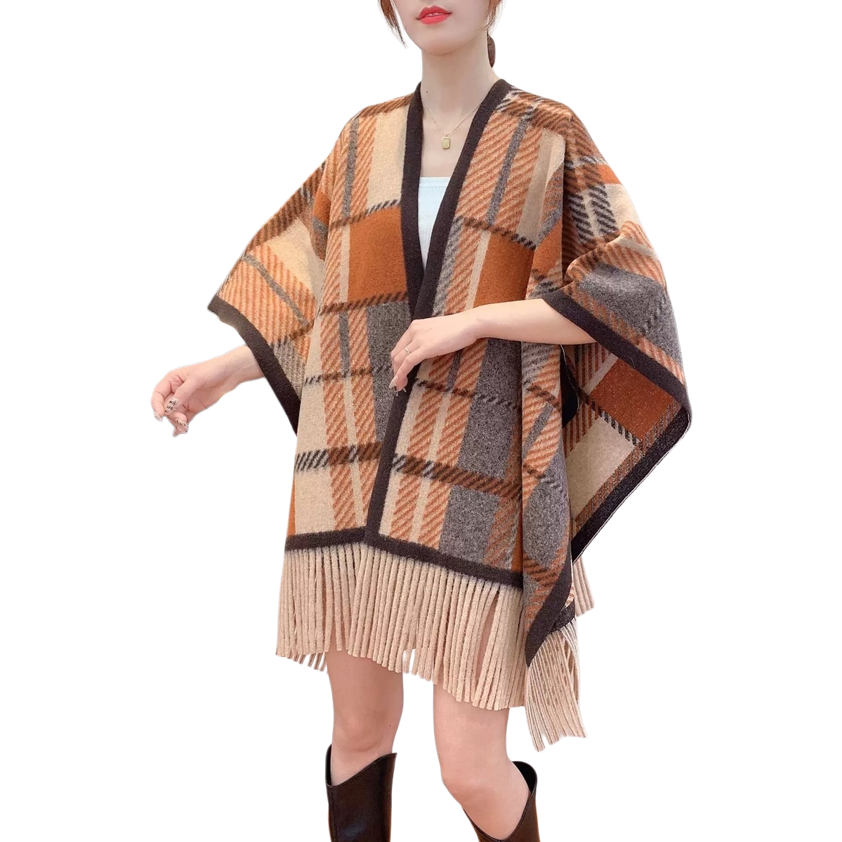 The checkered tassel shawl coat is a casual, versatile and fashionable outerwear for women in autumn and winter Item Picture