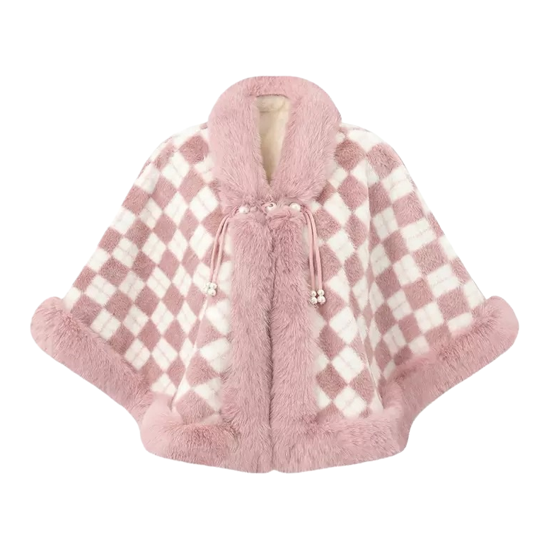 Pink checkered plush cape women's warm autumn and winter shawl coat is fashionable and casual Item Picture