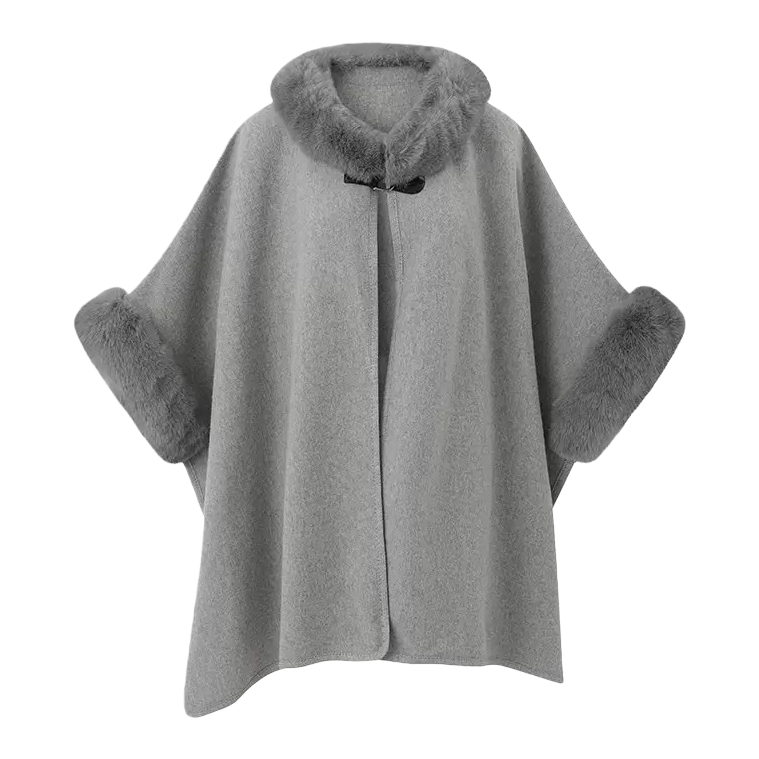 A grey woolen cape coat with a fur collar and fur cuffs for warm ladies in autumn and winter Item Picture
