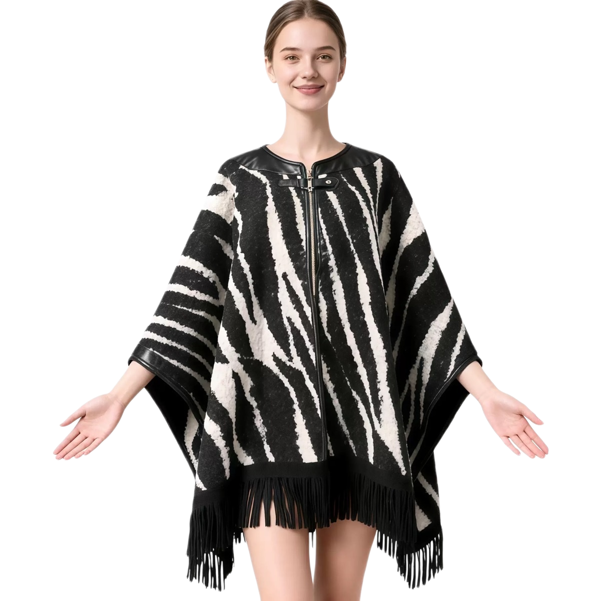 A black and white zebra-patterned fringed cape for women to wear as a fashionable and warm shawl in autumn and winter Item Picture