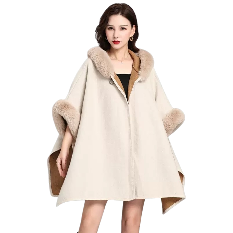 A thick and warm new autumn and winter coat for women with a beige fur collar cape Item Picture