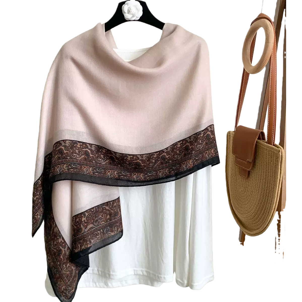 Light pink scarf with brown Paisley pattern and black trim, warm for ladies in autumn and winter Item Picture