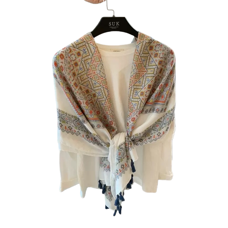 Colorful ethnic-style scarf, white top, long pure cotton warm, suitable for autumn and winter Item Picture