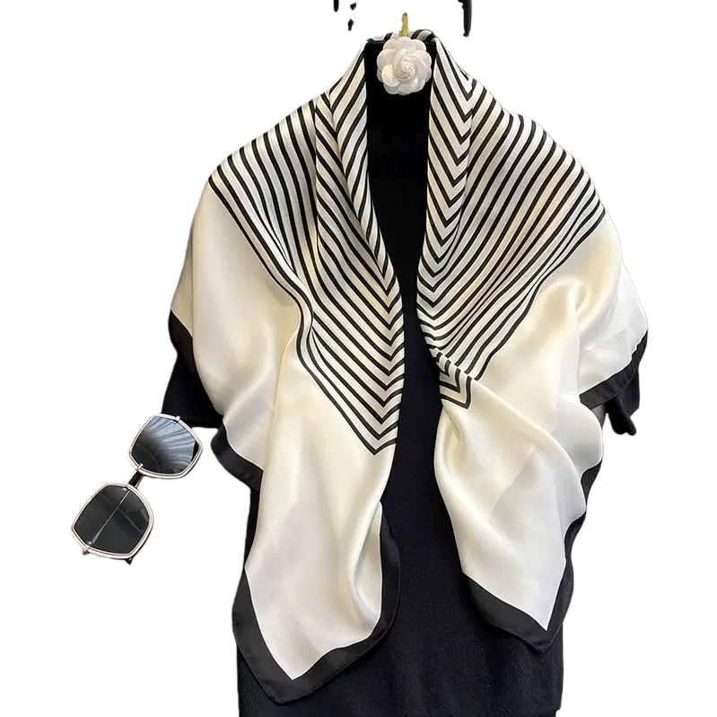 Black and white striped silk small square scarf, a fashionable and versatile silk scarf for women Item Picture
