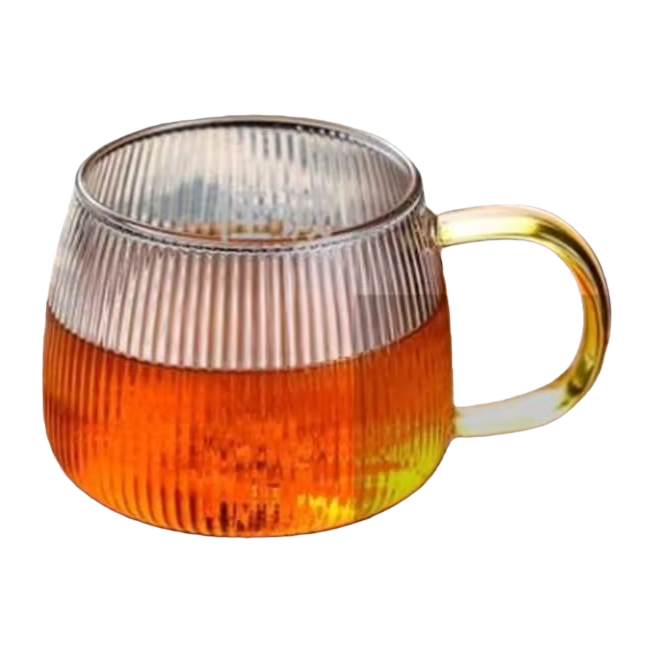 透明条纹玻璃杯配金色把手盛橙色茶水木质托盘 Item Picture