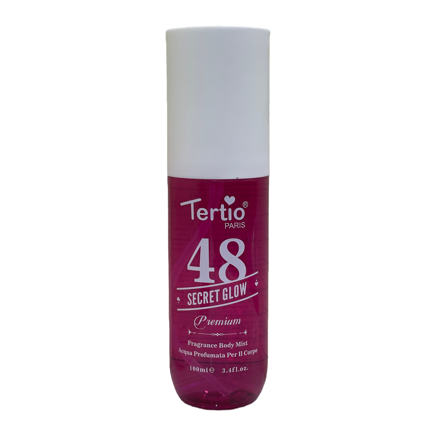 Tertio PARIS 48 SECRET GLOW Premium Perfume Spray rose red bottle with white cap Item Picture