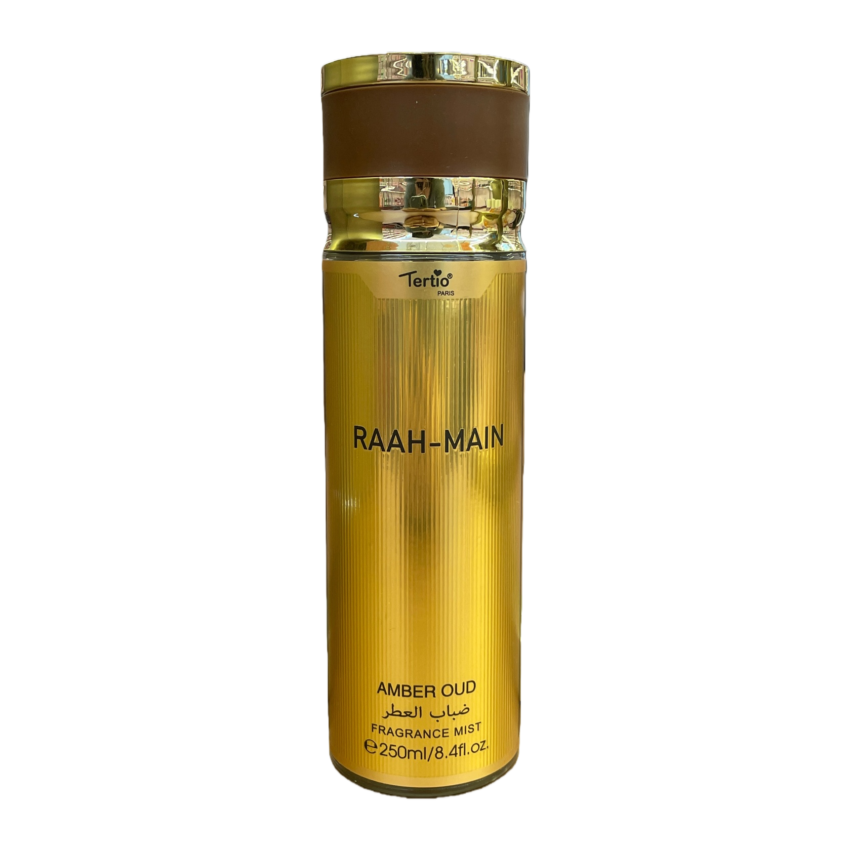 RAAH MAIN AMBER OUD Golden vertical stripe perfume spray bottle Brown gold cap Item Picture