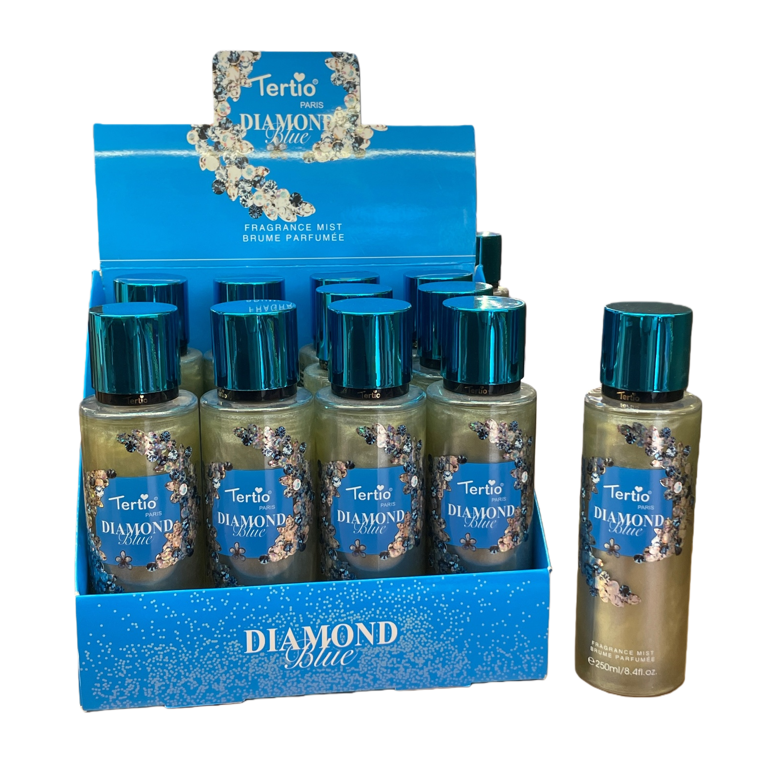 Tertio Diamond Blue perfume spray, blue packaging, transparent bottle, golden glitter diamond decoration, green metal cap, blue display box Item Picture