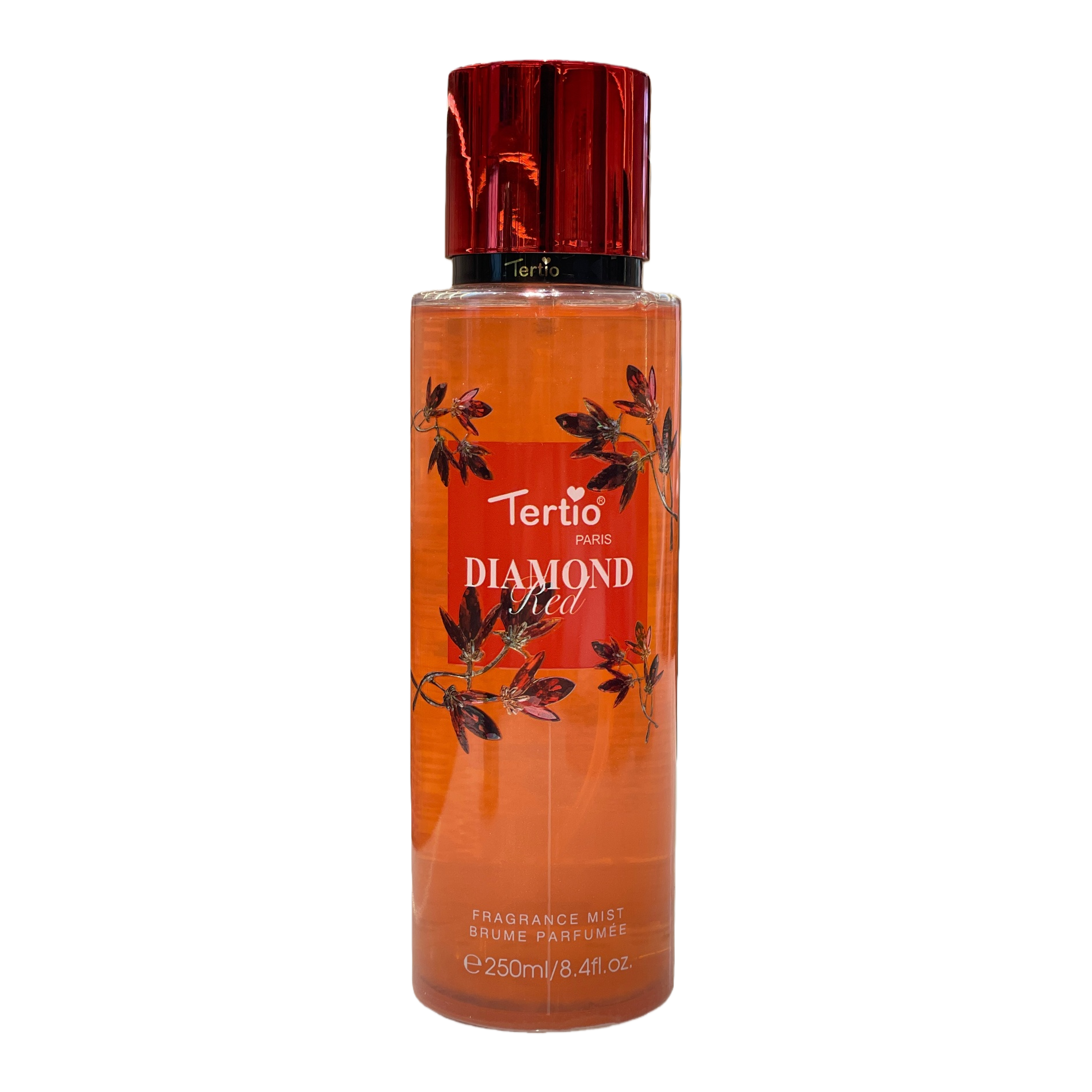 Orange perfume spray bottle with Red cap Tertio PARIS DIAMOND Red floral pattern Item Picture