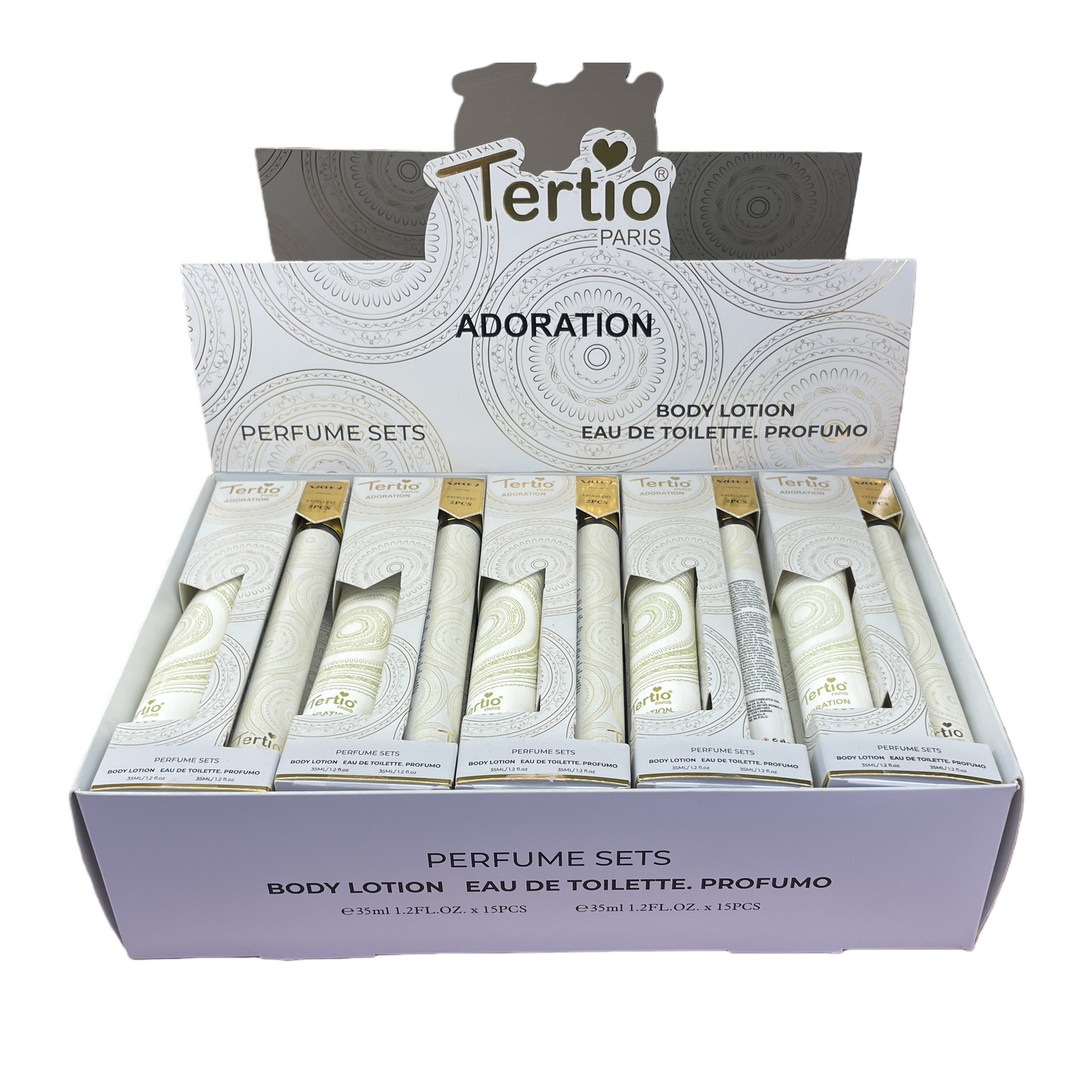 Tertio Paris ADORATION Gold Pattern White Gift Box Perfume Set contains 35ml Body lotion Eau de Toilette Fragrance combination Item Picture